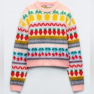 New With Tag Zara Fruit Jacquard Knit Sweater Size Small